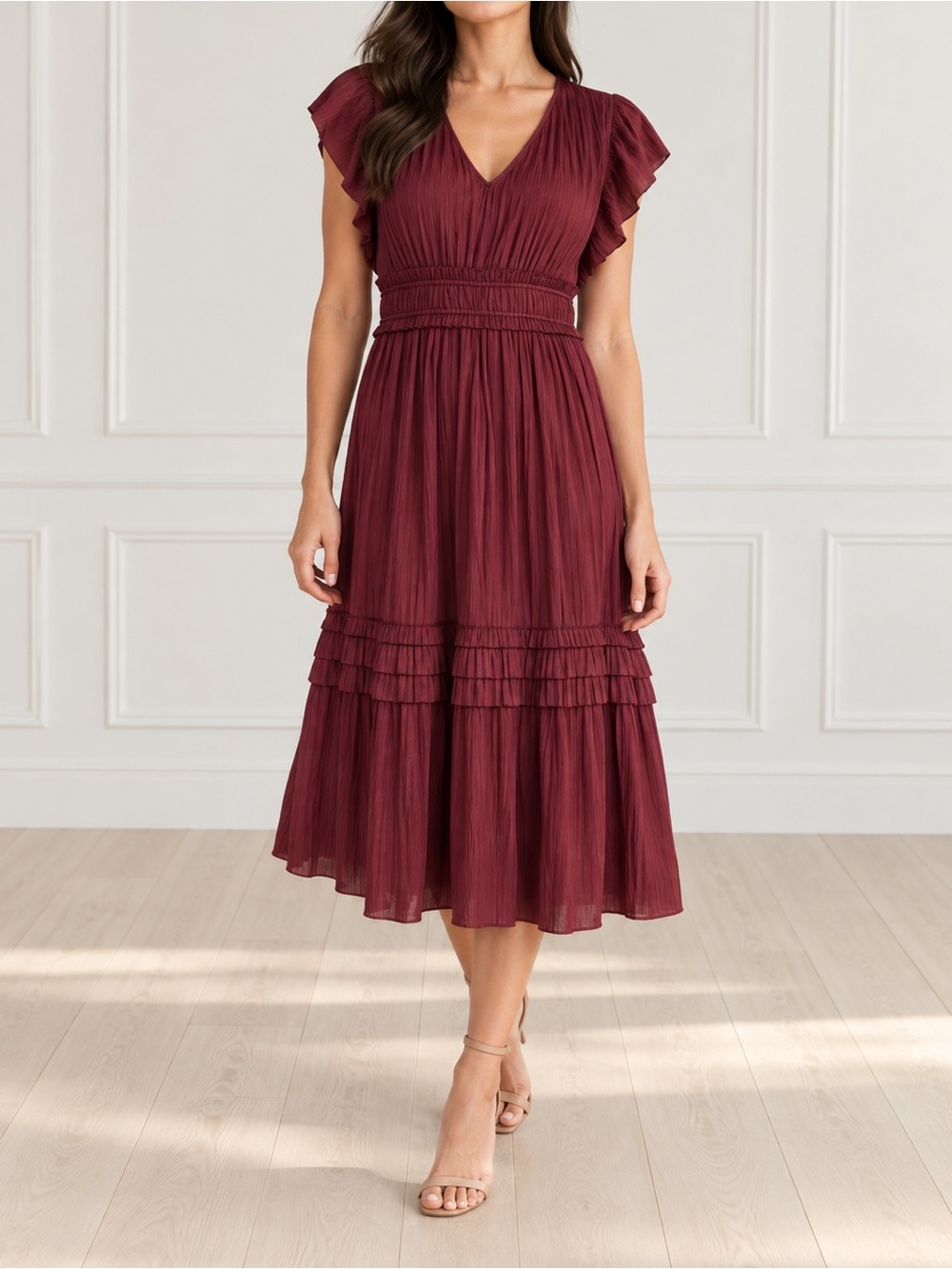 NWT Roan + Ryan Tallulah Dress Small Burgundy Pleated Satin Ruffle Midi Evereve